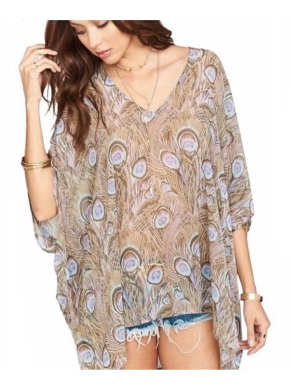 Show Me Your Mumu Peacock Sheer Blouse Beach Cover Up One Size Tunic